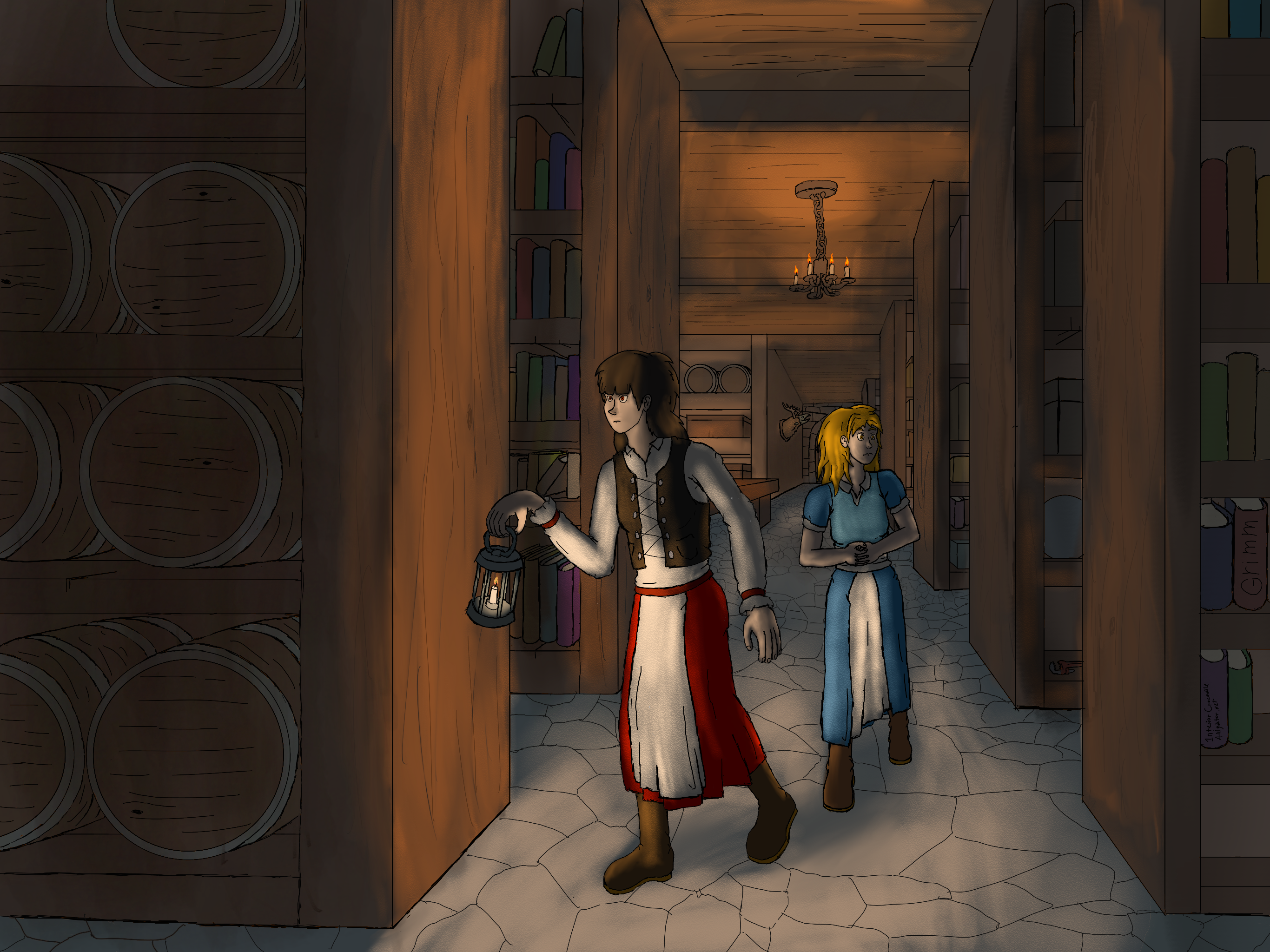 An image of two women exploring a wine cellar. The one in front is holding a lamp.